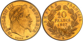 FRANCE
Second Empire / Napoléon III (1852-1870). 10 francs tête laurée 1867, BB, Strasbourg.
Av. NAPOLEON III EMPEREUR. Tête nue à droite, au-dessous ...