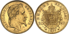 FRANCE
Second Empire / Napoléon III (1852-1870). 20 francs tête laurée 1869, BB, Strasbourg.
Av. NAPOLEON III EMPEREUR. Tête laurée à droite, au-desso...