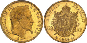 FRANCE
Second Empire / Napoléon III (1852-1870). 50 francs tête laurée 1866, BB, Strasbourg.
Av. NAPOLEON III EMPEREUR. Tête laurée à droite, au-desso...