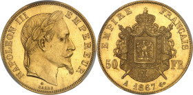 FRANCE
Second Empire / Napoléon III (1852-1870). 50 francs tête laurée 1867, A, Paris.
Av. NAPOLEON III EMPEREUR. Tête laurée à droite, au-dessous sig...