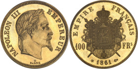 FRANCE
Second Empire / Napoléon III (1852-1870). Essai de 100 francs tête laurée, Frappe spéciale (SP) 1861, Paris.
Av. NAPOLEON III EMPEREUR. Tête la...