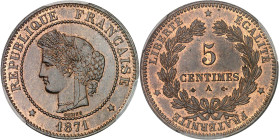 FRANCE
Gouvernement de Défense Nationale (1870-1871). 5 centimes, Cérès 1871, A, Paris.
Av. RÉPUBLIQUE FRANÇAISE (date). Tête de la République à gauch...