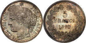 FRANCE
Gouvernement de Défense Nationale (1870-1871). 5 francs Cérès sans légende 1870, A, Paris.
Av. RÉPUBLIQUE FRANÇAISE. Tête de la République à ga...