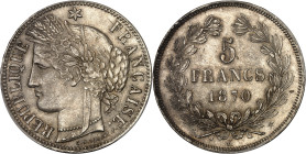 FRANCE
Gouvernement de Défense Nationale (1870-1871). 5 francs Cérès sans légende 1870, K, Bordeaux.
Av. RÉPUBLIQUE FRANÇAISE. Tête de la République à...
