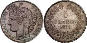 FRANCE
Gouvernement de Défense Nationale (1870-1871). 5 francs Cérès sans légende 1871, K, Bordeaux.
Av. RÉPUBLIQUE FRANÇAISE. Tête de la République à...