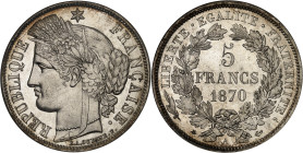 FRANCE
Gouvernement de Défense Nationale (1870-1871). 5 francs Cérès, avec légende 1870, A, Paris.
Av. RÉPUBLIQUE FRANÇAISE. Tête de la République à g...