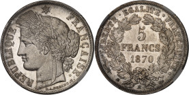 FRANCE
Gouvernement de Défense Nationale (1870-1871). 5 francs Cérès, avec légende 1870, A, Paris.
Av. RÉPUBLIQUE FRANÇAISE. Tête de la République à g...
