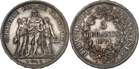 FRANCE
Gouvernement de Défense Nationale (1870-1871). 5 francs Hercule, Camélinat 1871, A, Paris.
Av. LIBERTÉ ÉGALITÉ FRATERNITÉ. Hercule entre la Lib...