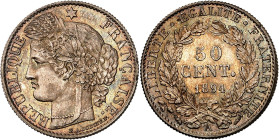 FRANCE
IIIe République (1870-1940). 50 centimes Cérès 1894, A, Paris.
Av. RÉPUBLIQUE FRANÇAISE. Tête de la République à gauche en Cérès, sous une étoi...