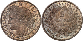 FRANCE
IIIe République (1870-1940). 2 francs Cérès 1887, A, Paris.
Av. RÉPUBLIQUE FRANÇAISE. Tête de la République à gauche en Cérès, sous une étoile ...