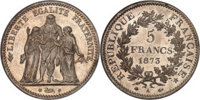 FRANCE
IIIe République (1870-1940). 5 francs Hercule 1873, A, Paris.
Av. LIBERTÉ ÉGALITÉ FRATERNITÉ. Hercule entre la Liberté et l’Égalité ; à l’exerg...
