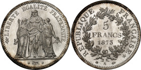 FRANCE
IIIe République (1870-1940). 5 francs Hercule 1873, A, Paris.
Av. LIBERTÉ ÉGALITÉ FRATERNITÉ. Hercule entre la Liberté et l’Égalité ; à l’exerg...