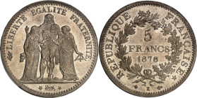 FRANCE
IIIe République (1870-1940). 5 francs Hercule 1878, K, Bordeaux.
Av. LIBERTÉ ÉGALITÉ FRATERNITÉ. Hercule entre la Liberté et l’Égalité ; à l’ex...