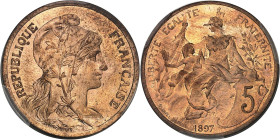 FRANCE
IIIe République (1870-1940). Présérie de 5 centimes Daniel-Dupuis sur flan brillant, Frappe spéciale (SP) 1897, Paris.
Av. REPUBLIQUE FRANÇAISE...