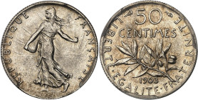 FRANCE
IIIe République (1870-1940). 50 centimes Semeuse 1903, Paris.
Av. REPUBLIQUE FRANÇAISE. La Semeuse à gauche, avec le soleil levant, marchant et...