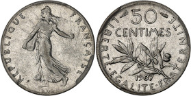 FRANCE
IIIe République (1870-1940). 50 centimes Semeuse 1907, Paris.
Av. REPUBLIQUE FRANÇAISE. La Semeuse à gauche, avec le soleil levant, marchant et...