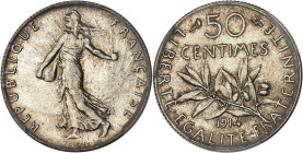 FRANCE
IIIe République (1870-1940). 50 centimes Semeuse 1914, Paris.
Av. REPUBLIQUE FRANÇAISE. La Semeuse à gauche, avec le soleil levant, marchant et...