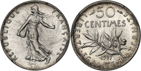 FRANCE
IIIe République (1870-1940). 50 centimes Semeuse 1917, Paris.
Av. REPUBLIQUE FRANÇAISE. La Semeuse à gauche, avec le soleil levant, marchant et...