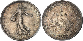 FRANCE
IIIe République (1870-1940). 1 franc Semeuse 1908, Paris.
Av. REPUBLIQUE FRANÇAISE. La Semeuse à gauche, avec le soleil levant, marchant et sem...