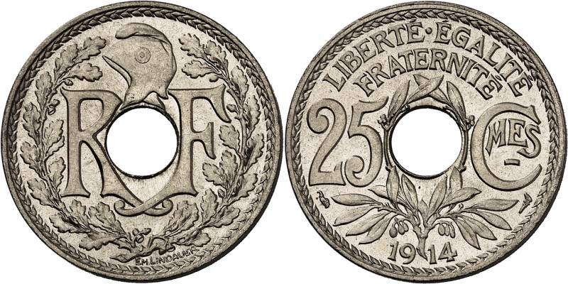 FRANCE
IIIe République (1870-1940). 25 centimes Lindauer, Cmes souligné 1914, Pa...