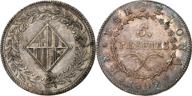 ESPAGNE - SPAIN
Joseph Napoléon (1808-1813). 5 pesetas 1809, Barcelone.
Av. Armes dans un losange, couronne sans fin. 
Rv. *EN* BARCELONA (date). Cour...