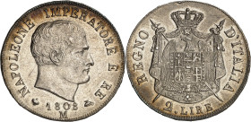 ITALIE - ITALY
Milan, royaume d’Italie, Napoléon Ier (1805-1814). 2 lire, 1er type avec tranche en relief 1808, M, Milan.
Av. (différent) NAPOLEONE IM...