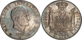 ITALIE - ITALY
Milan, royaume d’Italie, Napoléon Ier (1805-1814). 5 lire, 1er type avec tranche en relief 1807, M, Milan.
Av. (différent) NAPOLEONE IM...