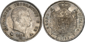 ITALIE - ITALY
Milan, royaume d’Italie, Napoléon Ier (1805-1814). 5 lire, 2e type avec tranche en creux 1813, M, Milan.
Av. (différent) NAPOLEONE IMPE...