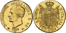 ITALIE - ITALY
Milan, royaume d’Italie, Napoléon Ier (1805-1814). 40 lire, 1er type avec tranche en relief 1808, M, Milan.
Av. (différent) NAPOLEONE I...