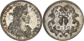 ITALIE - ITALY
Naples et Sicile, Charles II d’Espagne (1674-1700). 50 grana (demi-ducaton) 1693 M/AG/A, Naples.
Av. .CAR. II. D. G. REX. HISP. ET. NEA...