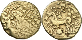 GAULE - CELTIC
Ambiens. Statère "à la tête d'indien", classe II à gauche ND (IIe siècle avant J.-C.).
Av. Tête laurée à gauche, la chevelure en croiss...