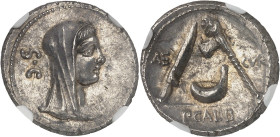 RÉPUBLIQUE ROMAINE - ROMAN REPUBLIC
P. Sulpicius Galba, pontife. Denier ND (69 av. J.-C.), Rome.
Av. S. C. Tête voilée de Vesta à droite. 
Rv. AE - CV...