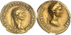 EMPIRE ROMAIN - ROMAN
Claude (41-54). Aureus avec Agrippine la Jeune ND (50-54), Rome.
Av. TI CLAVD CAESAR AVG GERM P M TRIB POT P P. Buste lauré à dr...