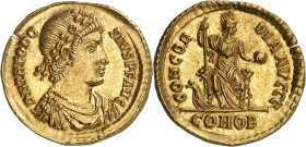 EMPIRE ROMAIN - ROMAN
Théodose Ier (379-395). Solidus ND (379-383), Constantinople.
Av. D N THEODO - SIVS P F AVG. Buste diadémé, drapé et cuirassé, à...