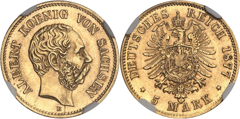 ALLEMAGNE - GERMANY
Saxe, Albert (1873-1902). 5 mark 1877, E, Muldenhutten.
Av. ...