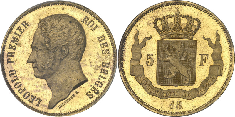 BELGIQUE - BELGIUM
Léopold Ier (1831-1865). Essai de 5 francs en bronze doré par...