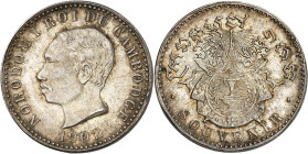 CAMBODGE - CAMBODIA
Norodom Ier (1860-1904). Médaille monétiforme au module de 1 franc “SOUVENIR” 1902, Phnom Penh.
Av. NORODOM I ROI DU CAMBODGE. Têt...