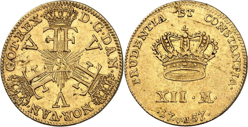 DANEMARK - DENMARK
Frédéric V (1746-1766). Ducat courant de XII marks 1757 VH, C...