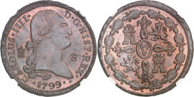 ESPAGNE - SPAIN
Charles IV (1788-1808). 8 maravédis 1799, Ségovie.
Av. CAROLUS. IIII. - D. G. HISP. REX. Buste à droite accosté de (atelier) et 8 ; au...