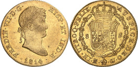 ESPAGNE - SPAIN
Ferdinand VII (1808-1833). 8 escudos 1814 GJ, M couronnée, Madrid.
Av. FERDIN. VII. D. G. - HISP. ET IND. R. Buste lauré à droite, au-...