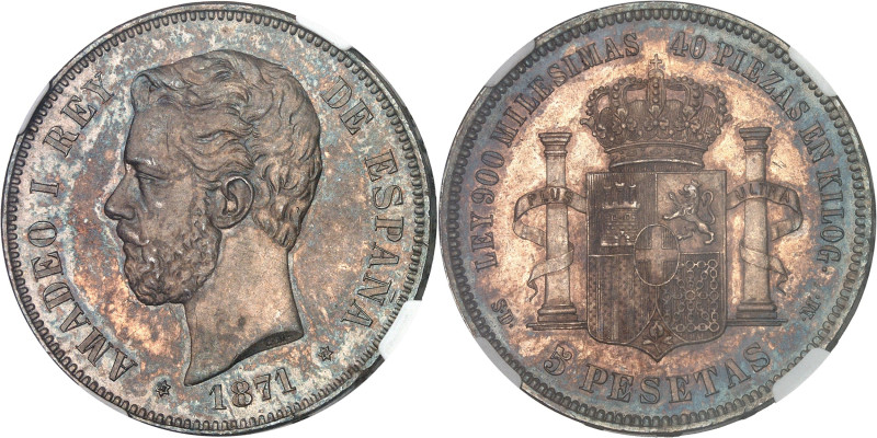 ESPAGNE - SPAIN
Amédée Ier (1870-1873). 5 pesetas 1871 (18 - 71), SDM, Madrid.
A...