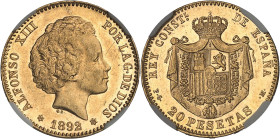 ESPAGNE - SPAIN
Alphonse XIII (1886-1931). 20 pesetas, buste adolescent 1892 (18-92) PG, M, Madrid.
Av. ALFONSO XIII POR LA G. DE DIOS. Tête nue à dro...