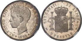ESPAGNE - SPAIN
Alphonse XIII (1886-1931). 5 pesetas, buste juvénile 1899 (18 - 99) SG, V, Madrid.
Av. ALFONSO XIII POR LA G. DE DIOS. Tête nue à gauc...