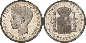 ESPAGNE - SPAIN
Alphonse XIII (1886-1931). 5 pesetas, buste juvénile 1899 (18 - 99) SG, V, Madrid.
Av. ALFONSO XIII POR LA G. DE DIOS. Tête nue à gauc...