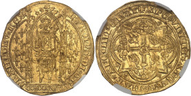 FRANCE / CAPÉTIENS - FRANCE / ROYAL
Charles V (1364-1380). Franc à pied ND (1365).
Av. KAROLVSx DIx GR - FRANCORVx REX. Le Roi, couronné, debout sous ...