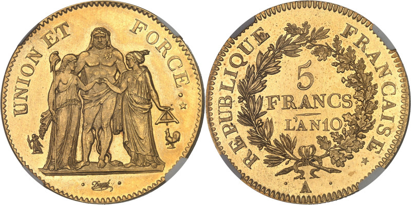 FRANCE
Consulat (1799-1804). Épreuve de 5 francs Union et Force en Or, tranche l...