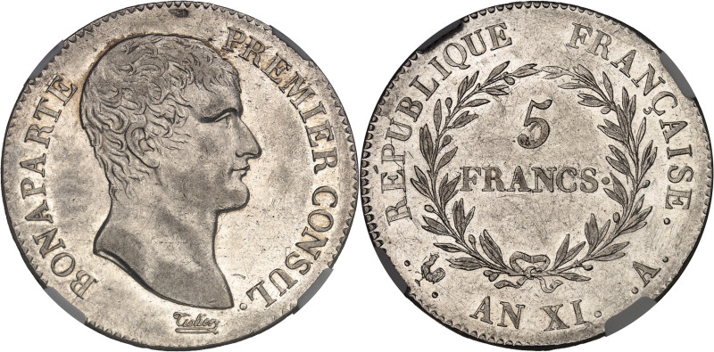 FRANCE
Consulat (1799-1804). 5 francs Bonaparte An XI (1803), A, Paris.
Av. BONA...