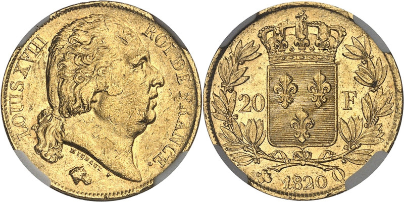 FRANCE
Louis XVIII (1814-1824). 20 francs tête nue 1820, Q, Perpignan.
Av. LOUIS...