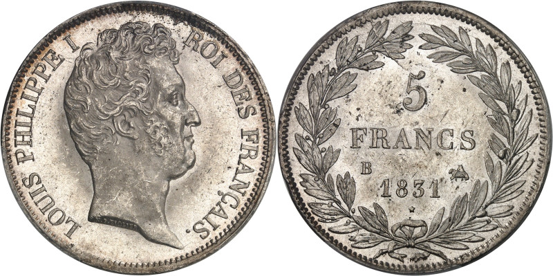 FRANCE
Louis-Philippe Ier (1830-1848). 5 francs tête nue, tranche en creux 1831,...