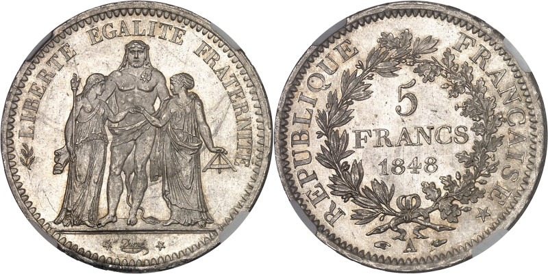 FRANCE
IIe République (1848-1852). 5 francs Hercule 1848, A, Paris.
Av. LIBERTÉ ...